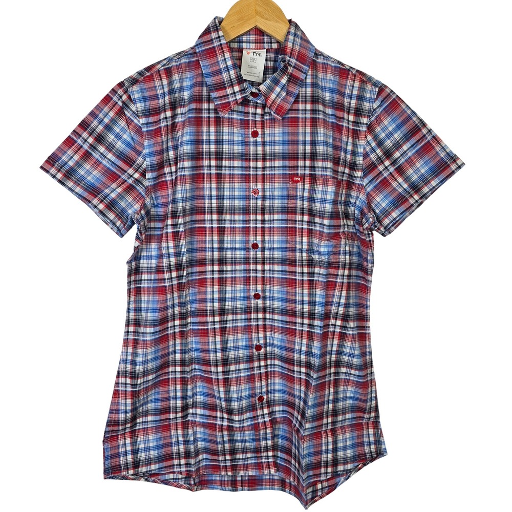 TYR Womens Plaid Button‎ Down Shirt Short Sleeve Red Blue White Size S